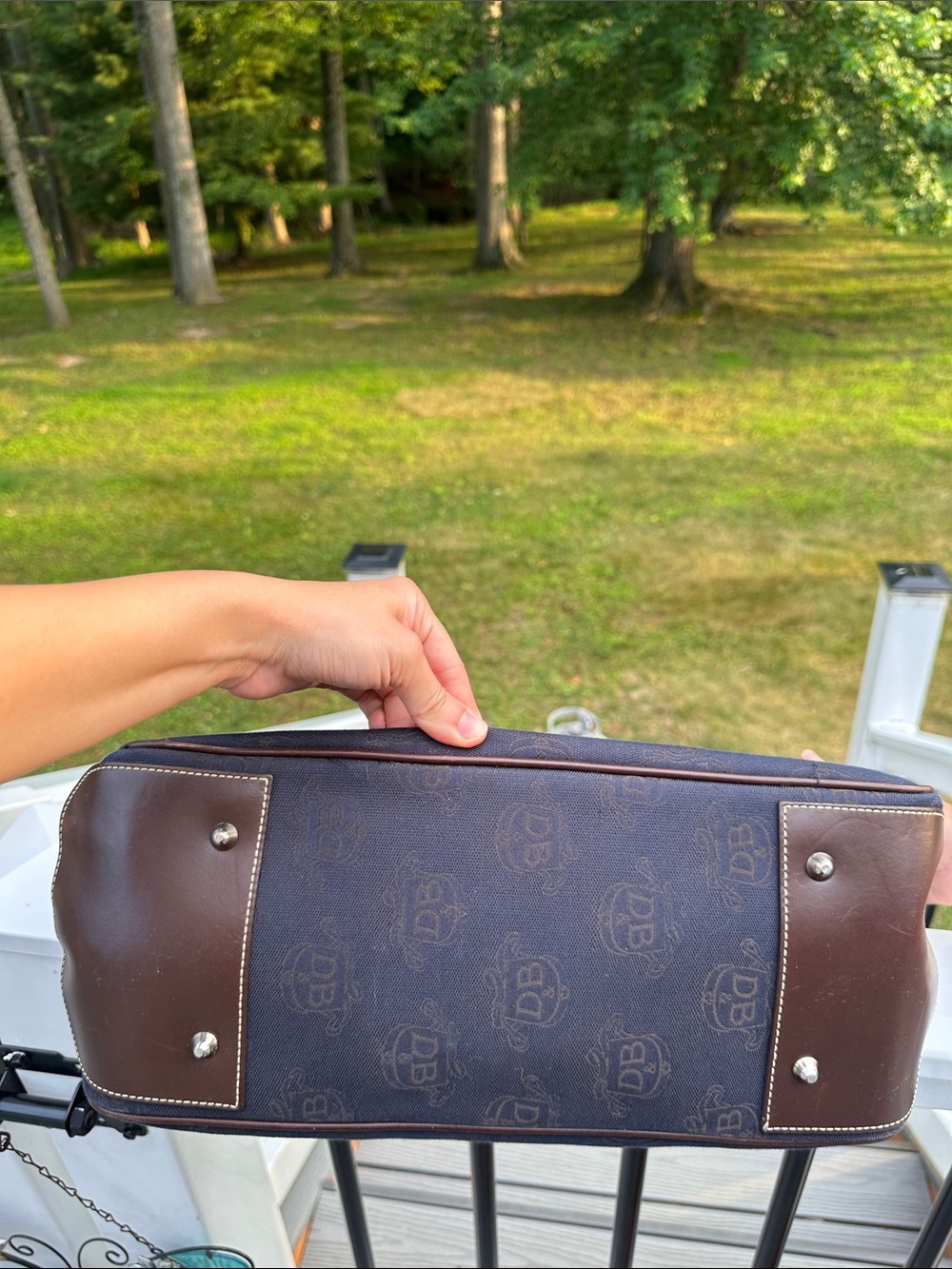 Dooney & Bourke Navy and Brown Monogram Handbag with Matching Pouch - Picture 9 of 16